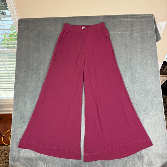 UNIQ Sheer Burgundy Pants w/ Built In Shorts Extra Wide Leg Elastic Waist Sz. M - Picture 2 of 10